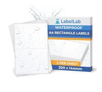 Waterproof A4 Rectangle Labels for Laser Printers - Plastic Sheet Labels, Strong Adhesive - 2 Per Sheet (200 × 144 mm), 25 Sheets - LabelLab