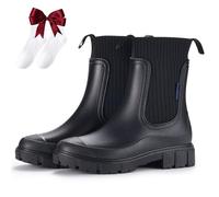 Waterproof and Non-Slip Mid-Calf Boots with Thick Soles,Ladies Orthotic Rain Boots with Arch Support,Elastic Slip on Waterproof Lightweight Slip Resistant Garden Booties (Black,7)