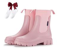 Waterproof and Non-Slip Mid-Calf Boots with Thick Soles,Ladies Orthotic Rain Boots with Arch Support,Elastic Slip on Waterproof Lightweight Slip Resistant Garden Booties (Pink,3)
