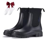 Waterproof and Non-Slip Mid-Calf Boots with Thick Soles,Ladies Orthotic Rain Boots with Arch Support,Elastic Slip on Waterproof Lightweight Slip Resistant Garden Booties(Black,6 UK)