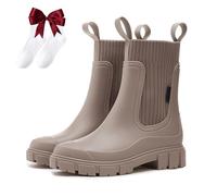 Waterproof and Non-Slip Mid-Calf Boots with Thick Soles,Ladies Orthotic Rain Boots with Arch Support,Elastic Slip on Waterproof Lightweight Slip Resistant Garden Booties(Apricot,6 UK)