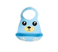 Waterproof Baby Silicone Bibs, Treer Soft Adjustable Roll up Feeding Bibs Drool Bibs Wipe Clean with Food Catcher Pocket for Infants Toddlers (30x23cm,Blue Bear)