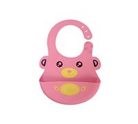 Waterproof Baby Silicone Bibs, Treer Soft Adjustable Roll up Feeding Bibs Drool Bibs Wipe Clean with Food Catcher Pocket for Infants Toddlers (30x16cm,Pink Bear)