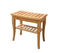 Waterproof Bamboo Shower Stool with Storage Shelf & Foot Rest - 2-Tier Wooden Bath Bench for Shaving and Bathroom Organization