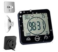 Waterproof Bathroom Wall Clock and Timer, Digital Water Resistant Hanging Timer for Shower, Large Display Kitchen Cooking Countdown Timers, Mirror Suction Clock with Temperature Humidity Meter (Black)