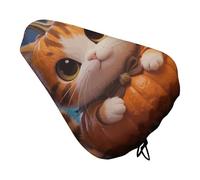 Waterproof Bike Seat Cover with Drawstring -Cute Fantasy Thanksgving Cat Pumpkin Universal Exercise Bike Seat Cushion for Men & Women, Comfortable Non-Slip Bicycle Saddle Cover for Road/Mountain Bikes