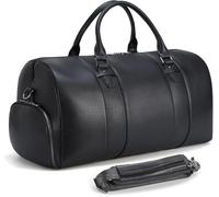 Waterproof Black Leather Duffel Bag For Men, 31l Travel Carry-on With Shoe Compartment, Foldable Gym Sports Weekender, Perfect For Camping And Overnight Trips