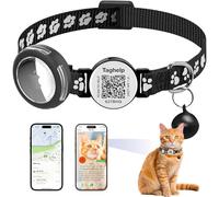 Waterproof Breakaway Cat Collar with Paw Prints - Secure AirTag Holder & Free QR Code Tag, Adjustable & Safe Kitten Collar for Apple Tracking (Black)