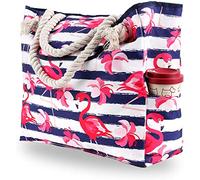 Waterproof Canvas Beach Bag with 4 Inner Pockets for Travel, Gym, Swim, Beach Holiday, Extra Large Women Tote Bag, Flamingo Tropical