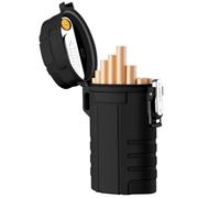 Waterproof Cigarette Case with Lighter, Full Pack 20 Regular Holder Electric Lighter USB Rechargeable, Windproof Flameless for Outdoor Adventures (Oval Black)