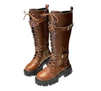 Waterproof Combat Boot, Womens Combat Boots Lace up Buckle Mid Calf Low Heel Chunky Platform Lug Sole Booties Round Toe Punk Motorcycles Combat Long Boot Leather Outdoor Biker Shoe Footwear