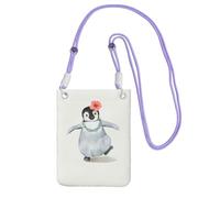 Waterproof Crossbody Phone Pouch for Women Girls, Small Wallet Crossbody Bag, Carry a mobile phone bag for Travel, Commute, Outing, Slim Fanny Pack, Penguin Wearing Flowers Shoulder Bag, Purple Strap