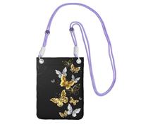 Waterproof Crossbody Phone Pouch for Women Girls, Small Wallet Crossbody Bag, Carry a mobile phone bag for Travel Outing, Slim Fanny Pack, Gold White Butterflies Black Shoulder Bag, Purple Strap