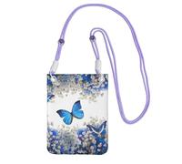 Waterproof Crossbody Phone Pouch for Women Girls, Small Wallet Crossbody Bag, Carry a mobile phone bag for Travel Outing, Slim Fanny Pack, Blue Butterflies White Flowers Shoulder Bag, Purple Strap