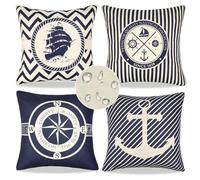 Waterproof Cushion Covers 45x45cm Pack of 4 Outdoor Garden Summer Nautical Pillow Case Anchor Navigation Sailboat Pattern Pillowcase Linen Decorative Throw Pillow Covers for Sofa Couch (Blue Stripes)