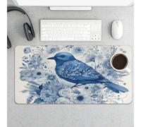 Waterproof Desk Mat 24x12 in Oversized Bluebird and Flowers Desk Pad with Non-Slip Rubber Base Smooth Surface Gaming Mousepad for Mouse & Keyboard Portable Foldable for Home Office Desktop Decor