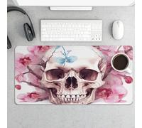 Waterproof Desk Mat 24x12 in Oversized Human Skull Pink Flowers Desk Pad with Non-Slip Rubber Base Smooth Surface Gaming Mousepad for Mouse & Keyboard Portable Foldable for Home Office Desktop Decor