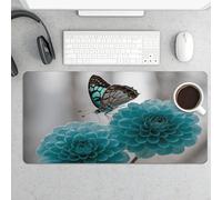 Waterproof Desk Pad 24x12 in Non-Slip Rubber Base Gray Teal Flower Butterfly Desk Mat for Keyboard and Mouse Foldable Gaming Mousepad Large Protector for Computer Laptop Remote Work Home Office