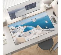 Waterproof Desk Pad 24x12 Non-Slip Rubber Santorini Greek Island Mouse Pad for Keyboard & Laptop Foldable Office Computer Desk Mat Smooth Gaming Surface for Home Remote Work Desktop Accessories