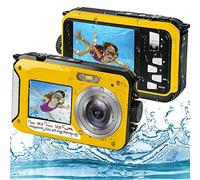 Waterproof Digital Camera, 10ft Full HD 2.7K 48MP 16X Digital Zoom Selfie Dual Screen Full Color LCD Displays Waterproof Camera for Snorkeling, Surfing, Swimming(yellow)