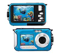 Waterproof Digital Camera, Full HD 2.7K 48MP Dual Screen Anti-Vibration Selfie Dual Screens, 16X Zoom Camera for Swimming, Holidays (Blue)