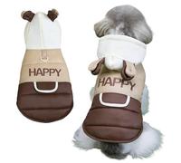 Waterproof Dog Winter Jackets with Hoodie Cute Happy Pattern Warm Fleece Vest Coat Snowsuit Thick Fleece Doggy Clothes Hooded Windproof Puppy Puffer Apparel (Beige & Brown, Large)