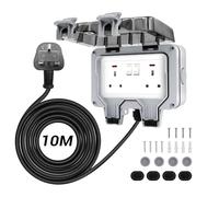 Waterproof Double Outdoor Socket with Outdoor 10M Extension Lead,LED Indicators,IP66 Outside Plug Socket Wall Electrical Outlet 13Amp 2 Gang High Impact PC Housing Switched Power Box, for Garden, Home