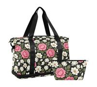 Waterproof Gym Tote Bag Red Rose Tattoo White Carry On Tote Bag with Adjustable Strap for Business Trips