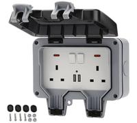 Waterproof Indoor Outdoor 2 Gang 13A Wall Socket Box Outside + Double USB UK Plug IP66 Rated Electrical Outlet