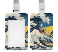 Waterproof Japanese The Great Wave Off Kanagawa Id Badge Holders with Breakaway Lanyard, Heavy Duty Work Card Holder, Clear Vertical, Name Tag Holder for Nurse/Teacher/Doctor/Officer/Staff