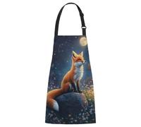 Waterproof Kitchen Apron Moonlight Flower Blossoms Fox Apron with Pockets Adjustable Aprons for Women Men