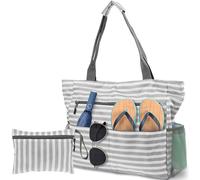 Waterproof Large Beach Bag for Women, Foldable Beach Tote Bag with Zip and Pockets, Dry and Wet Separation Handbag for Travel Vocation Pool Shopping Holiday Gym