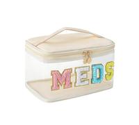 Waterproof Large Chenille Letter Medicine Clear Makeup Bag, Nylon Transparent PVC Preppy Patch Cosmetic Bag with Handle, Portable Meds First Aid Travel Organizer Cosmetic Bag, 06MEDS- Beige