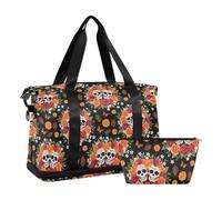 Waterproof Large Travel Bag Skull Flowers Día De Los Muertos Overnight Bag with Adjustable Strap for Trip