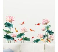 Waterproof Lotus and Dragonfly Wall Decals in Traditional Chinese Art Style, Vinyl Stickers Suitable for Bathroom, Living Room, and Office Wall and Window Decoration (E)