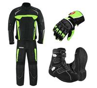 Waterproof Motorbike Suit Motorcycle Alaska Boots 2 Piece Suit Reflective Textile Fabric and CE Approved Fully Armour - Jacket+Trouser+Boots+Gloves For Mens Boys (L, Green)