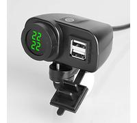 Waterproof Motorcycle 5V 4.2A Dual USB Charger & Clock Time Display for 7/8 and 1" Handlebar Mounting or 10mm Diameter Rearview Mirror Holder