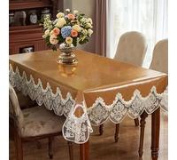 Waterproof Oil-Resistant Faux Leather Tablecloth Lace-Trimmed Washable Spill-Proof Cover for Dining Table Home Parties (180x250cm/71x98inch Coffee Color)