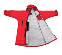 Waterproof Oversize Adult Swimming Changing Robe,Windproof Hooded Surf Poncho Coat Swim Towel - Swimming, Surfing, OCR Events - Long Sleeves(Red/Grey,S)