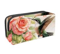 Waterproof Pencil Case Large Capacity Pencil Pouch with Zipper, Pink Rose Hummingbird Print Stationery Pen Bag Pouch Holder Box Organizer for Teens Girls Adults Student