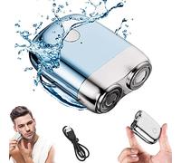 Waterproof Portable Mini USB Rechargeable Cordless Electric Rotary Men's Shaver,Pocket Size Washable Electric Razor,Double-Headed Shaver,Waterproof and Silent,Shaving Trimmer,Present for Men (Blue)