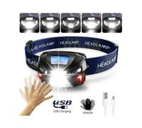 Waterproof Rechargeable USB Headlamp - 3-Mode Super Bright Head Torch, Hands-Free Wave Sensor, 70g for Camping & Fishing