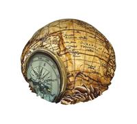 Waterproof Reusable Compass And Old World Map Print Shower Cap,Double Layer Elastic Bath Cap,Large Shower Bonnet For Women Long Hair