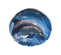 Waterproof Reusable Dolphins In The Sea Print Shower Cap,Double Layer Elastic Bath Cap,Large Shower Bonnet For Women Long Hair