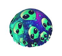 Waterproof Reusable Green Alien Print Shower Cap,Double Layer Elastic Bath Cap,Large Shower Bonnet For Women Long Hair