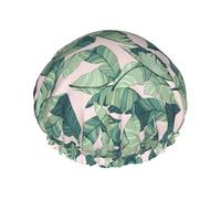 Waterproof Reusable Green Palm Tree Leaves Pink Print Shower Cap,Double Layer Elastic Bath Cap,Large Shower Bonnet For Women Long Hair