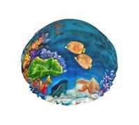 Waterproof Reusable Ocean Sea Turtle Tropical Fish Starfish Print Shower Cap,Double Layer Elastic Bath Cap,Large Shower Bonnet For Women Long Hair