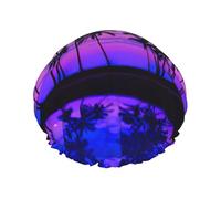 Waterproof Reusable Palm Tree Purple Sunset Print Shower Cap,Double Layer Elastic Bath Cap,Large Shower Bonnet For Women Long Hair