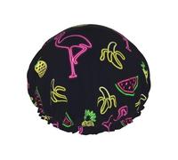 Waterproof Reusable Pineapple Banana Flamingo Print Shower Cap,Double Layer Elastic Bath Cap,Large Shower Bonnet For Women Long Hair