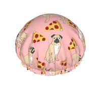 Waterproof Reusable Pug Pizza Pink Print Shower Cap,Double Layer Elastic Bath Cap,Large Shower Bonnet For Women Long Hair